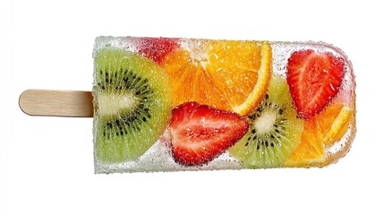 Frozen fruit popsicle a refreshing summer treat with kiwi strawberries and oranges clear ice white