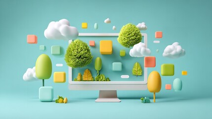 Envisioning a whimsical digital landscape with nature elements floating around the computer in