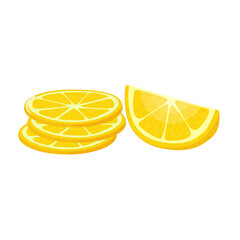 Yellow lemon with round slices and wedges on white background. Hand drawn.