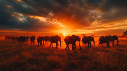 Fototapeta premium Herd of elephants silhouetted against a dramatic african sunset sky