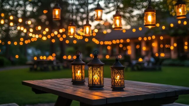 Evening gathering illuminated by glowing lantern and string light on wooden picnic table, creating a warm and inviting ambiance for an outdoor event