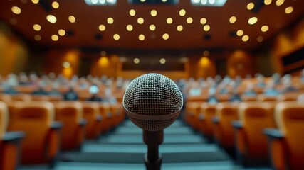 Microphone standing on a stage with blurred audience seating in an auditorium, lit by spotlights, prepared for a speech or performance