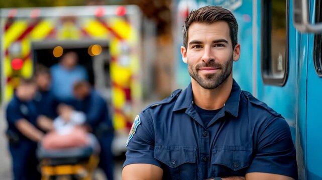 A confident male paramedic stands by an ambulance, showcasing emergency response, teamwork, and healthcare service Urban setting enriches the rescue scenario - Powered by Adobe