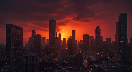 Obraz premium Dramatic Lightning Strike over City Skyline at Sunset