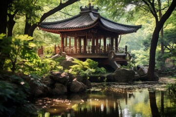 Fototapeta premium Serene chinese pavilion standing over tranquil water, surrounded by lush vegetation, creating a peaceful and harmonious atmosphere