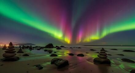Northern lights over ocean shore at night