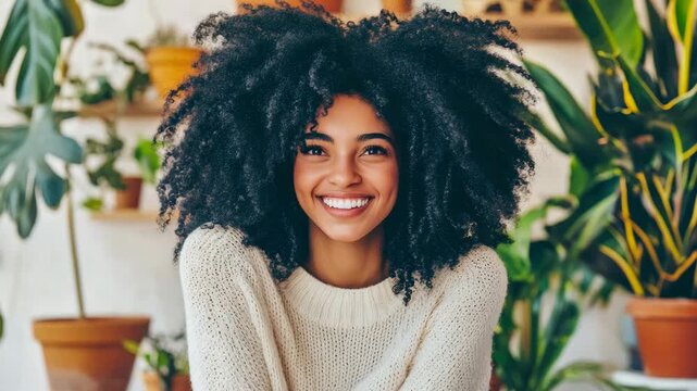 Radiant portrait of a smiling woman with afro hair, wearing a cozy sweater, surrounded by lush indoor plants, conveying warmth and natural beauty