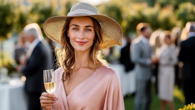 Woman wearing sun hat, holding champagne glass, standing among socializing crowd during outdoor event, radiating elegance and joy