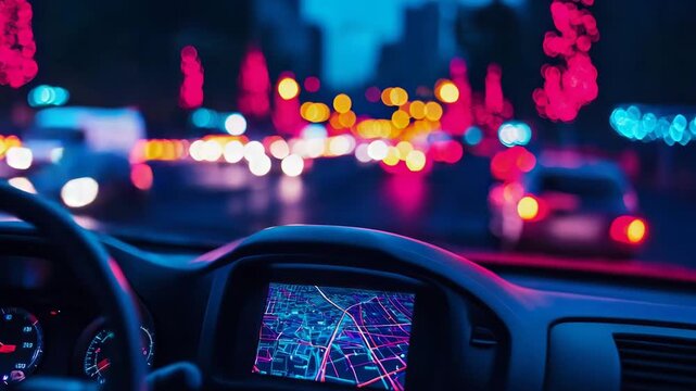 Autonomous navigation display while cruising through a vibrant, blurred cityscape at night
