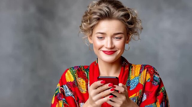 Caucasian woman in colorful attire joyfully engages with her smartphone, evoking themes of social media, digital communication, and technology Vibrant hues and connectivity enhance the scene
