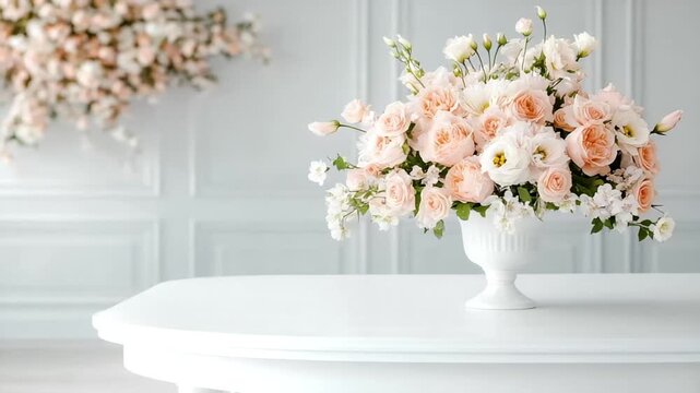 Elegant floral arrangement with peach roses and white blooms on a classic table, perfect for weddings, Valentine's Day, or home decor vintage appeal