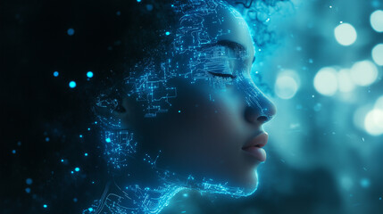 Obraz premium Woman visualizing digital data with glowing network overlay