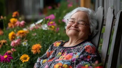 Elderly Caucasian woman peacefully smiling in a vibrant garden, embodying serenity and joy amidst colorful daisies concepts of relaxation, gardening niche terms: floriculture, gerontology