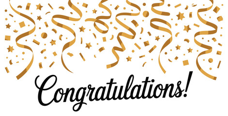 “Congratulations!” in gold cursive with top border of gold confetti and streamers — celebratory design on white background for achievement and success