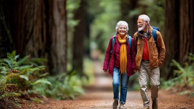 An elderly Caucasian couple enjoys an autumn hike through a scenic forest, highlighting concepts of adventure, retirement, and nature Keywords include deciduous and tranquility