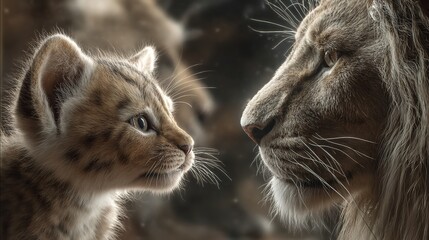 A tender moment between a lion cub and mother sharing a quiet bond and affection in detailed focus