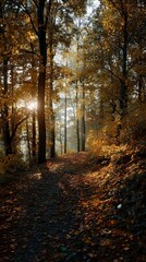 Obraz premium Vibrant photo of autumnal Forest Path Sunlight Golden Leaves.