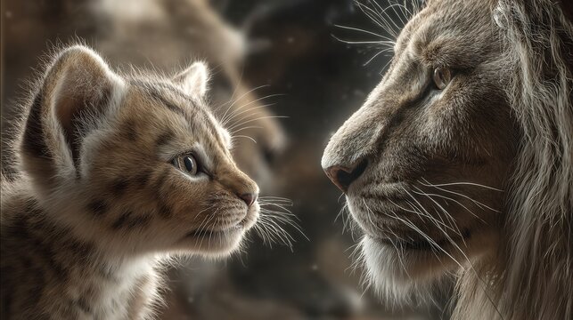 A tender moment between a lion cub and mother sharing a quiet bond and affection in detailed focus - Powered by Adobe