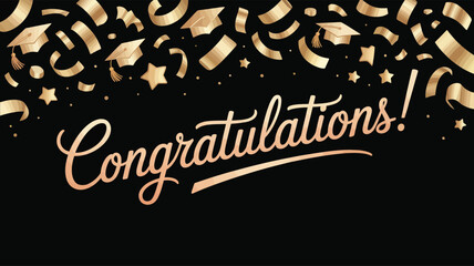 Cursive gold “Congratulations!” text with graduation caps, stars, and confetti on black background — festive design for academic celebration