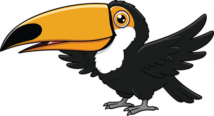 Cute Cartoon Toucan Bird Vector Illustration with Big Orange Beak and Black Feathers, Tropical Wildlife Animal Character Design, Isolated on White Background for Children's Books and Educational.