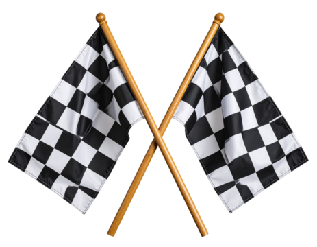  Close-Up Detail of Crossed Checkered Racing Flags on Poles with Visible Stitching and Wood Grain, Transparent Background