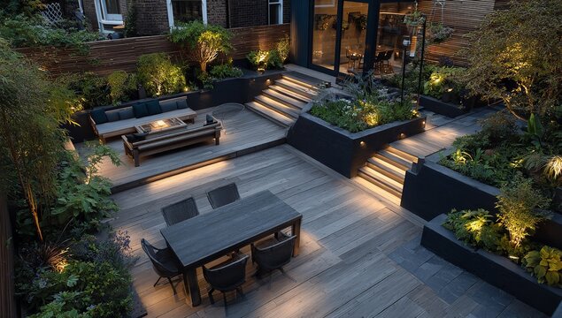 Serene backyard illuminated for an evening gathering with stylish furniture under soft garden lights