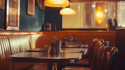 Retro diner empty booths chromeedged tables warm lighting