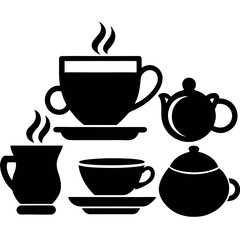 Obraz premium Black silhouette icons of hot beverages and teaware