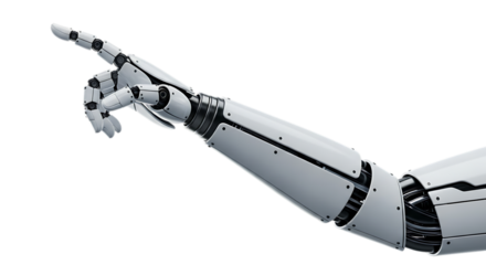 Robot arm pointing with index finger symbolizing future technology advancements artificial intelligence and automation revolution on a black background