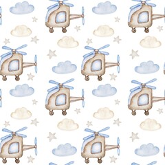Cute Blue Watercolor Plane and Helicopter Seamless Pattern