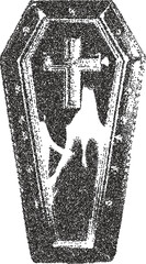 Coffin retro y2k stipple design dead halftone brutalist urban vector png with clear background, burial 2000s photocopy grunge tattoo gen z effect