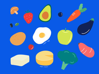 Food Vegetables and Fruits. Vegan, plantbased, vector illustration set