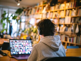 Person in Headphones Attending Online Video Conference