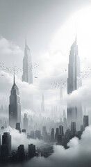 Obraz premium Skyscrapers pierce through the clouds in a monochrome cityscape