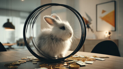 ウサギが金貨の上で景気よく回し車を走る様子