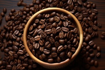 Fototapeta premium Roasted coffee beans are overflowing a wooden bowl on a dark wooden table, creating a rich and aromatic scene