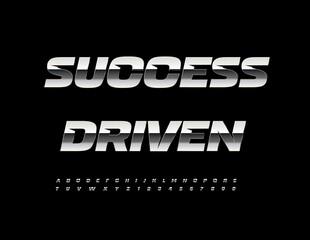 Vector Silver icon Success Driven. Metallic Dynamic Font. Steel Cool Alphabet Letters and Numbers set.