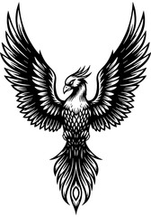 Majestic Mythical Phoenix Creature in Clean Line Woodcut Style, Powerful Wings Spread, Ancient Fantasy Illustration, Black and White