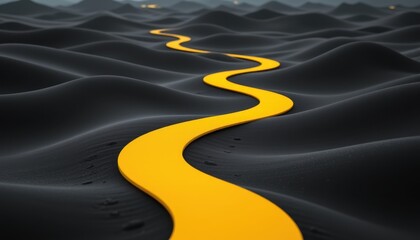 Vibrant Yellow Pathway Through Abstract Dark Sand Dunes Landscape at Dusk