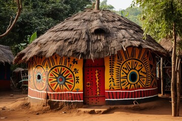 Colorful tribal hut with detailed geometric designs and thatched roof