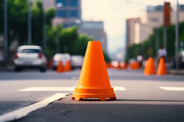 Orange traffic cones line a city street, guiding vehicles safely