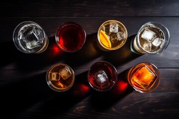 Eight glasses containing different colorful alcoholic drinks with ice cubes, resting on a dark wooden surface, seen from above