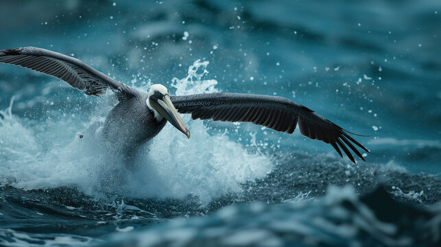 Pelican dives into choppy ocean water creating a splash - Powered by Adobe