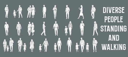 Architectural Drawings diverse people standing and walking vector illustration, side view, human person Minimal style hand drawn. Sections, Elevations, Floor Plans