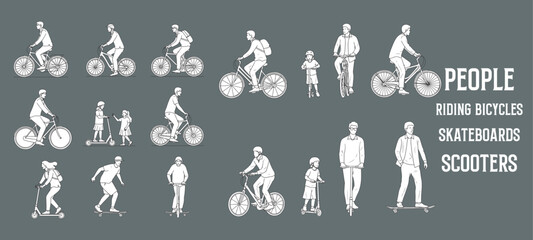 Architectural Drawings people riding bicycles, scooters, and skateboards vector illustration, side view, human person Minimal style hand drawn. Sections, Elevations, Floor Plans