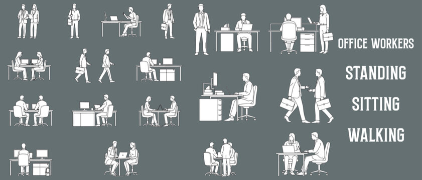 Architectural Drawings office workers standing, sitting at desks, walking vector illustration, side view, human person Minimal style hand drawn. Sections, Elevations, Floor Plans