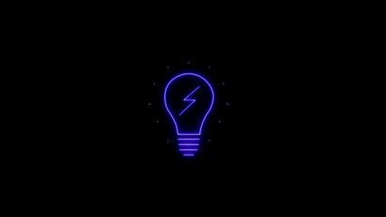 Electric bulb icon with lightning bolt inside neon style on black background concept