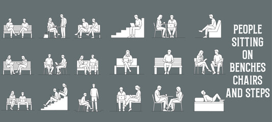Architectural Drawings people sitting on benches, chairs, and steps vector illustration, side view, human person Minimal style hand drawn. Sections, Elevations, Floor Plans