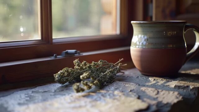 Dried herbs and a rustic mug sit on a sun-drenched window sill in a cozy cabin or home, creating a warm, natural atmosphere.