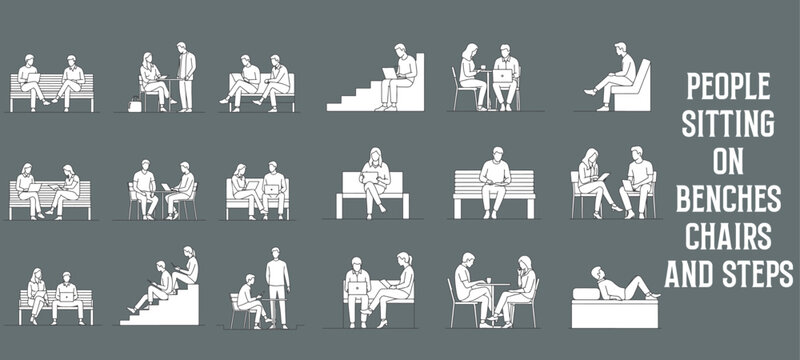 Architectural Drawings people sitting on benches, chairs, and steps vector illustration, side view, human person Minimal style hand drawn. Sections, Elevations, Floor Plans